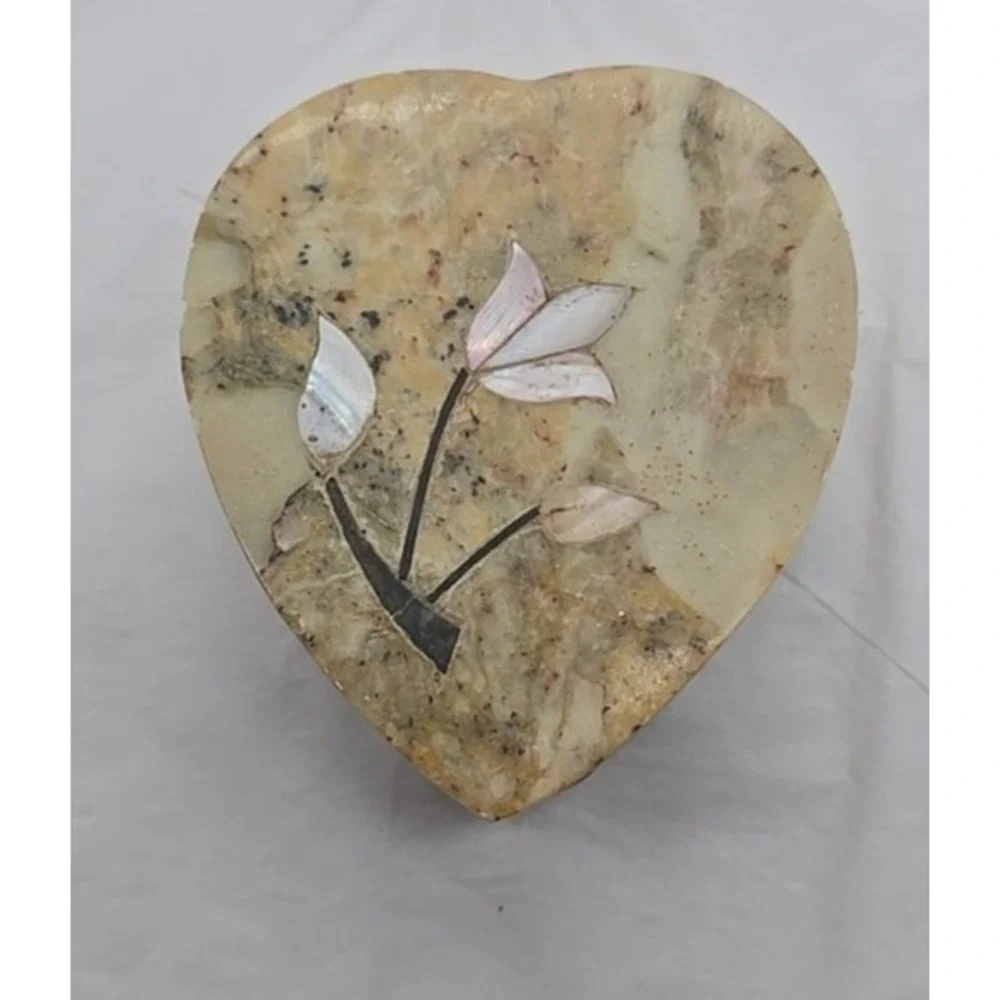 Vintage Hand Made Soapstone Trinket Box Mother of Pearl Inlay Heart Shaped